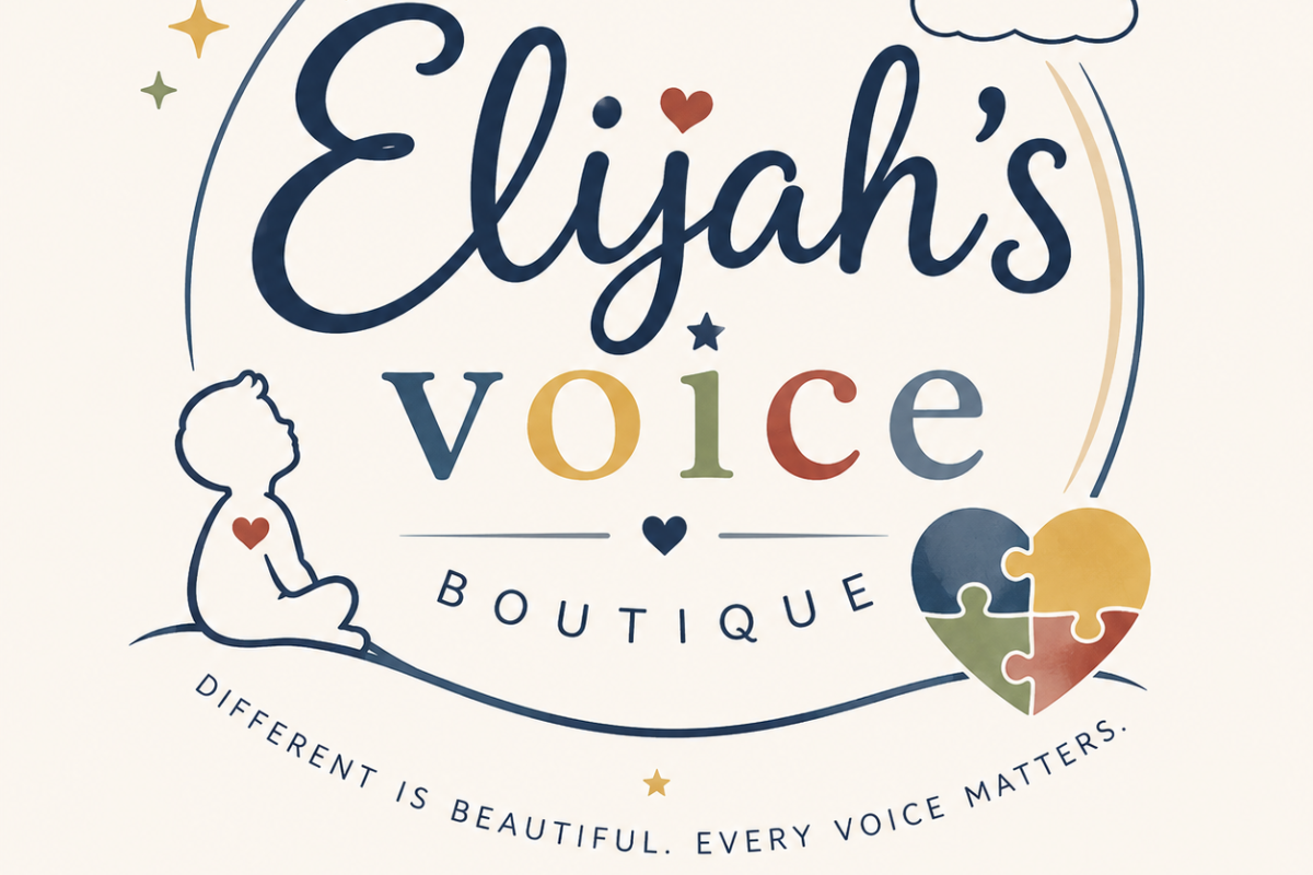 Logo of Elijah's Voice Boutique with colorful text and symbols on a white background